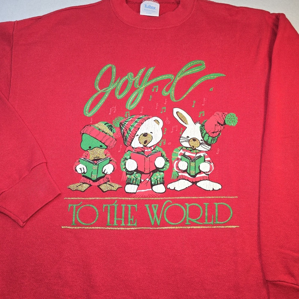 Vtg 90s Tultex Christmas Sweatshirt XL Joy To The World Ugly Holiday Red USA